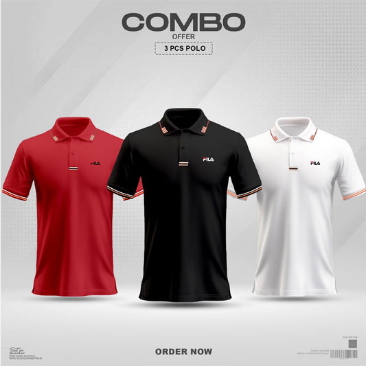 Fila Premium Cotton Polo Shirt combo (Black+Red+white)