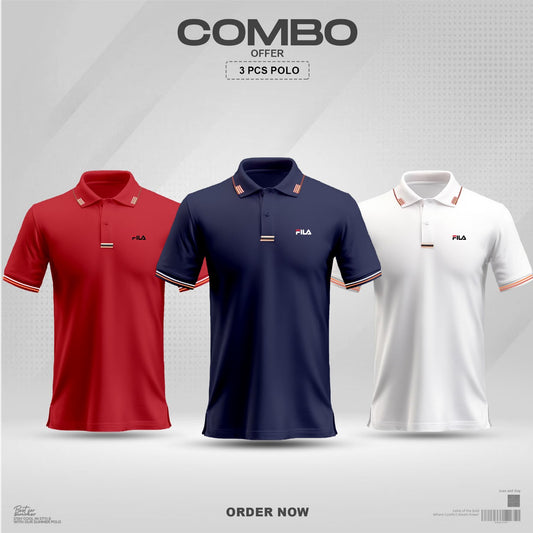 Fila Premium Cotton Polo Shirt combo (Navy+Red+white)