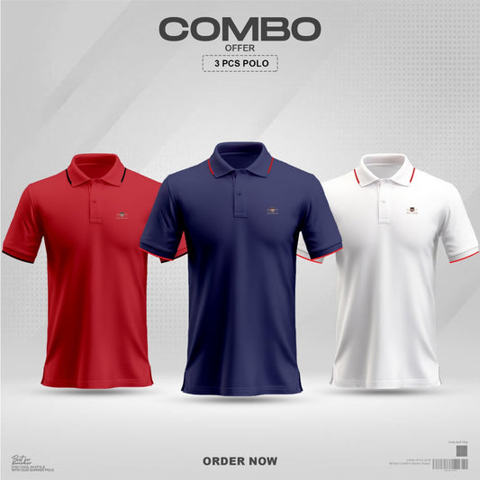 US Premium Cotton Polo Shirt Combo (Navy+Red+white)