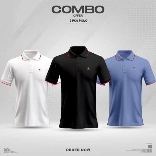 US Premium Cotton Polo Shirt Combo (Black+Sky+white)