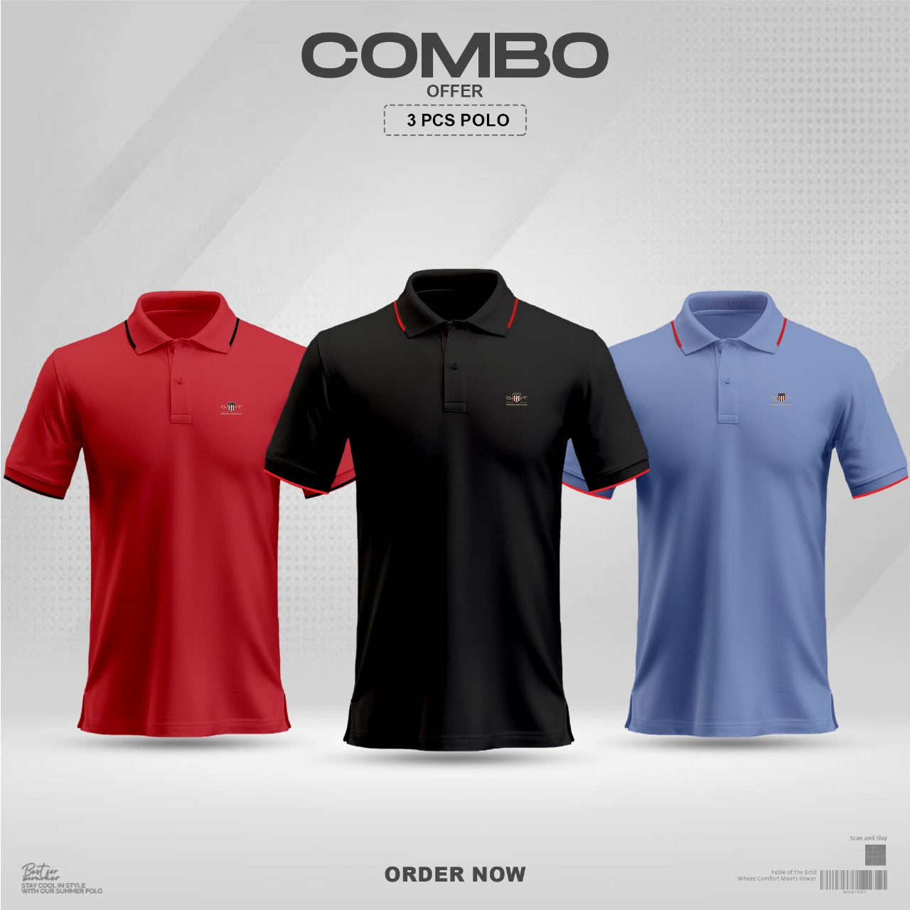 US Premium Cotton Polo Shirt Combo (Black+Red+Sky)